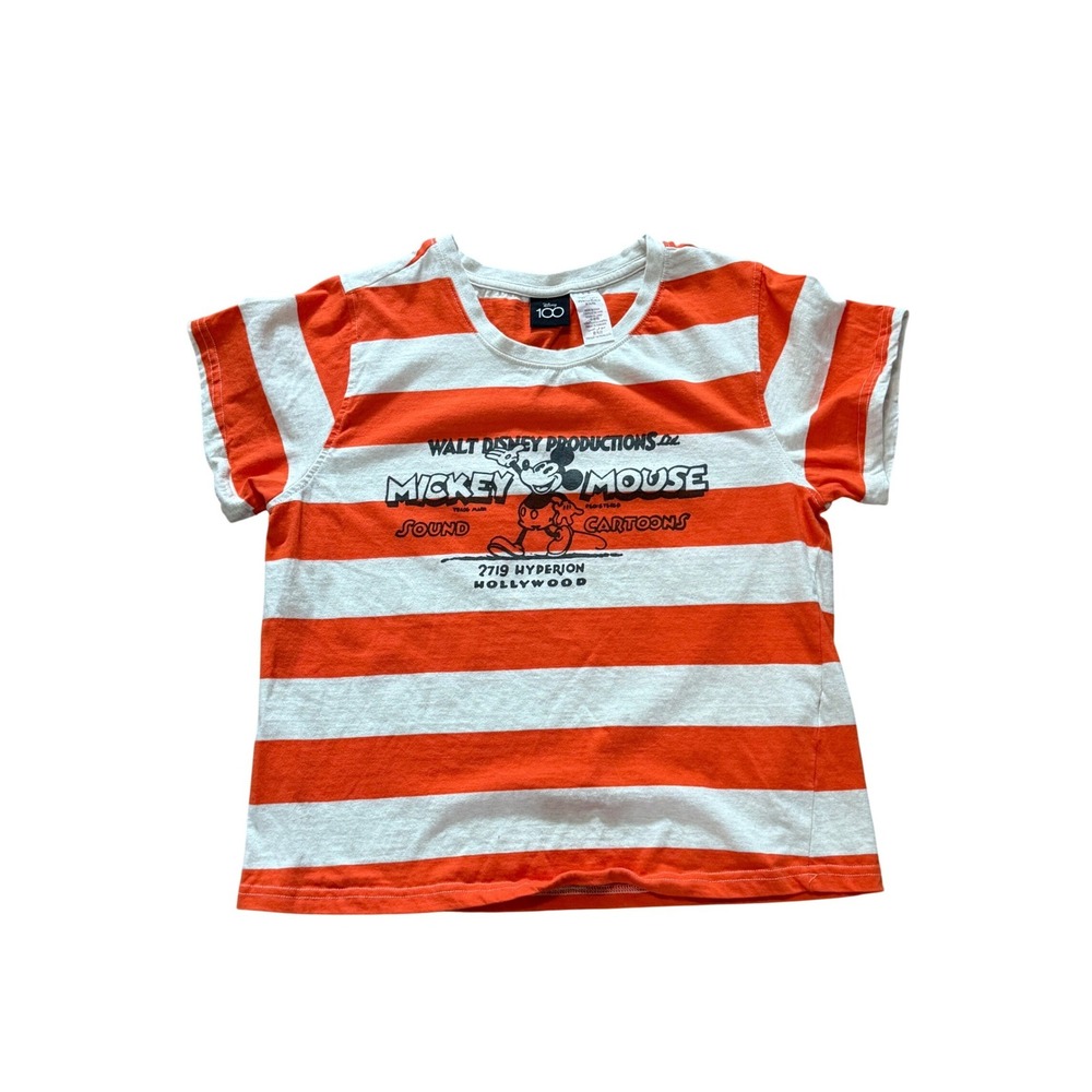 Disney 100 Mickey Mouse Boys Orange White Striped Graphic T-Shirt Size 10-12